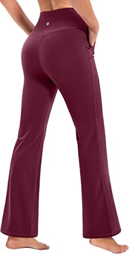 יוגה קרוסאובר חותלות מתלקות במותניים גבוהות מכנסי יוגה עם כיסים לכיסים לנשים בקרת בטן אימון מכנסי Bootleg מכנסיים