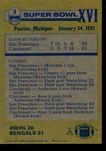 1982 Topps 9 סופרבול XVI סן פרנסיסקו 49ers/סינסינטי בנגלס NFL כרטיס כדורגל NM-MT