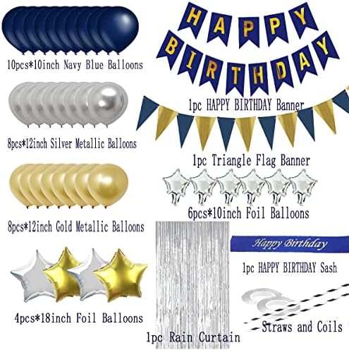 קורליאיו קישוטי יום הולדת 21 - חיל הים כחול כחול יום הולדת שמח באנר ואבנט, מספר 21 בלוני נייר כסף, בלוני לטקס מתכתיים,