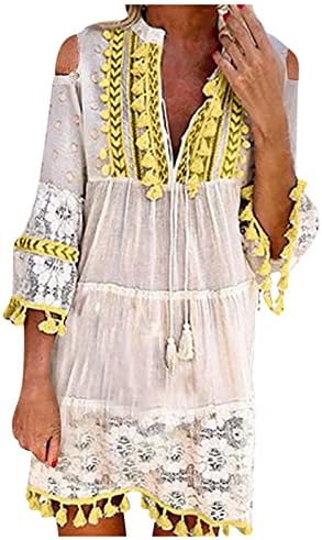 פראגארן חוף רומפרס לנשים, נשים אופנה שלושה רבעי שרוול בוהו שמלת תחרה ציצית צווארון מיני שמלה
